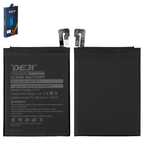 Аккумулятор Deji BN45 для Xiaomi Redmi Note 5, Li ion, 3,85 B, 4000 мАч
