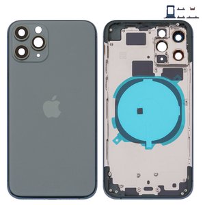 Housing compatible with iPhone 11 Pro, green, with SIM card holders, with side buttons, matte midnight green 