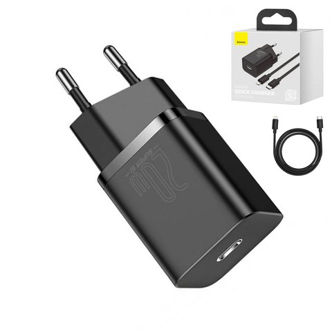 Mains Charger Baseus Super Si, 20 W, Quick Charge, black, with cable USB type C to Lightning for Apple, 1 output  #TZCCSUP B01