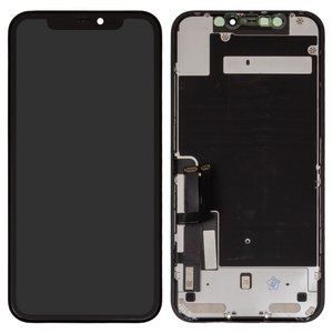 LCD compatible with iPhone 11, black, with frame, change glass, with camera and proximity sensor plastics, LG version 